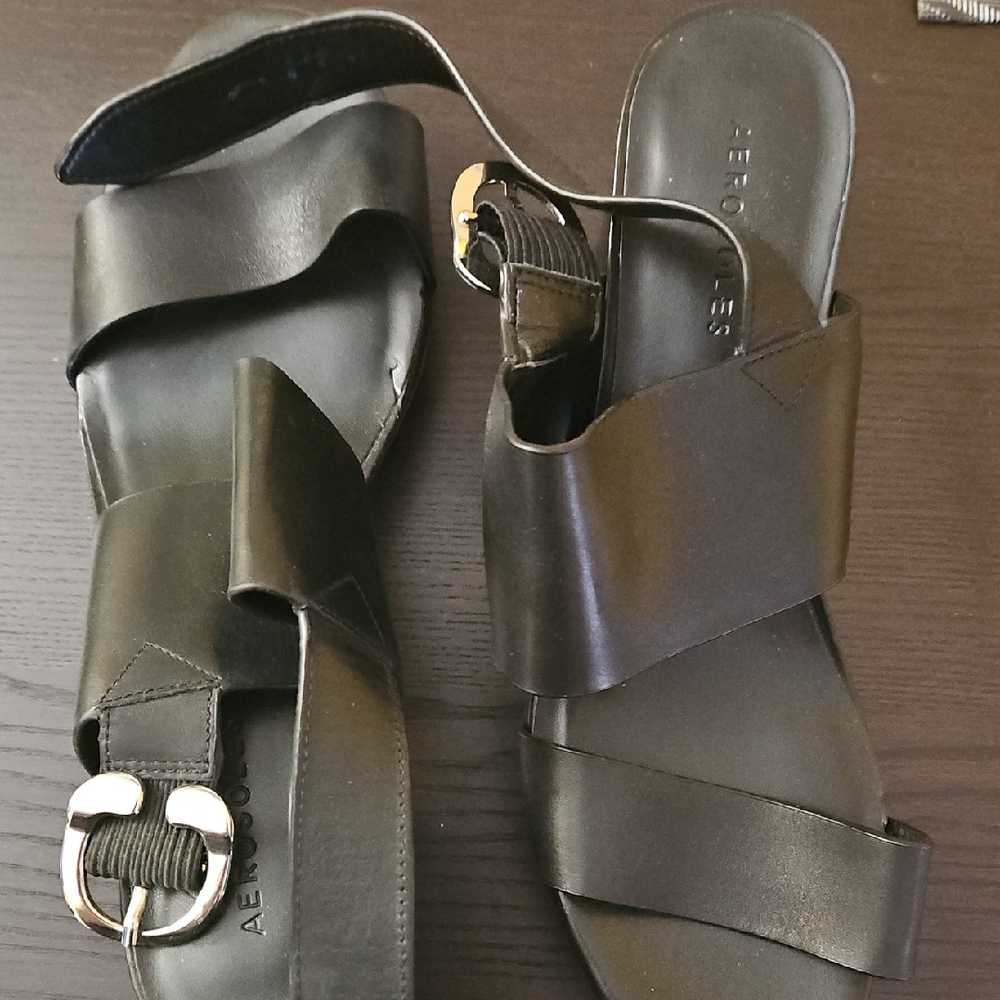 AEROSOLES Black Leather Strappy Slide Heels with Silver Buckle